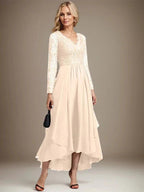 A-line V-Neck Asymmetrical Lace Chiffon Mother of the Bride Dress by Dreamylily
