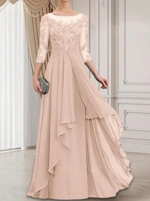 A-line Scoop Illusion Floor-Length Lace Chiffon Mother of the Bride Dress With Cascading Ruffles by Dreamylily