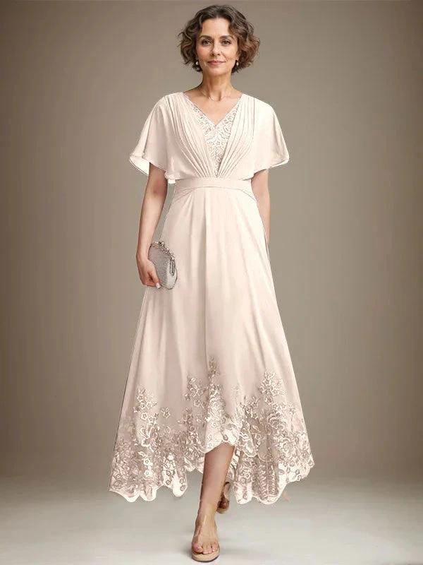 A-line V-Neck Asymmetrical Lace Chiffon Mother of the Bride Dress With Pleated by Dreamylily