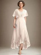 A-line V-Neck Asymmetrical Lace Chiffon Mother of the Bride Dress With Pleated by Dreamylily