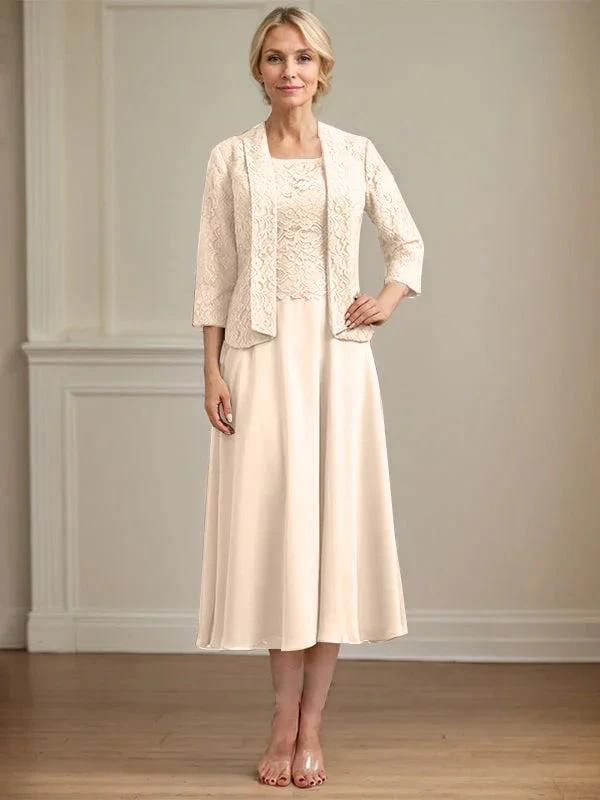 A-line Scoop Tea-Length Lace Chiffon Mother of the Bride Dress by Dreamylily