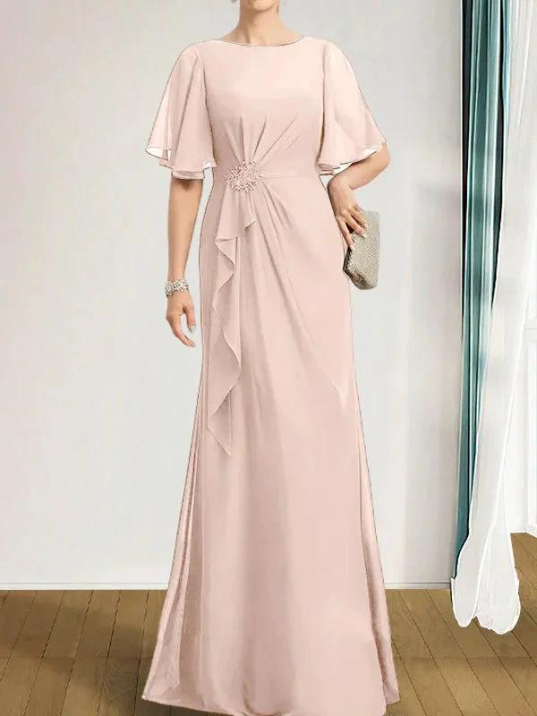 A-line Scoop Floor-Length Chiffon Mother of the Bride Dress With Cascading Ruffles Beading Sequins by Dreamylily
