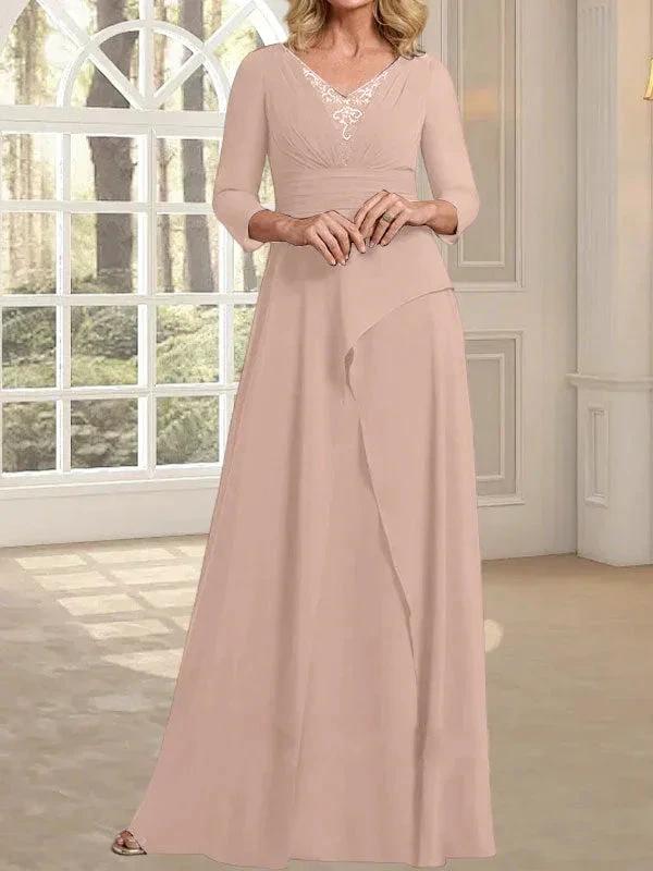 A-line V-Neck Floor-Length Chiffon Mother of the Bride Dress With Pleated Beading by Dreamylily