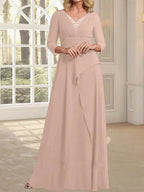 A-line V-Neck Floor-Length Chiffon Mother of the Bride Dress With Pleated Beading by Dreamylily