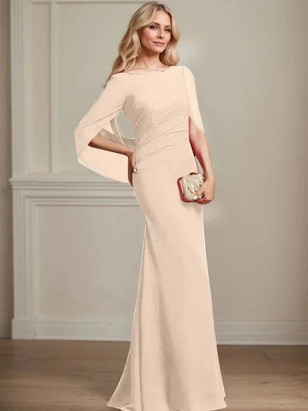 Trumpet/Mermaid Boat Neck Floor-Length Chiffon Mother of the Bride Dress With Pleated by Dreamylily