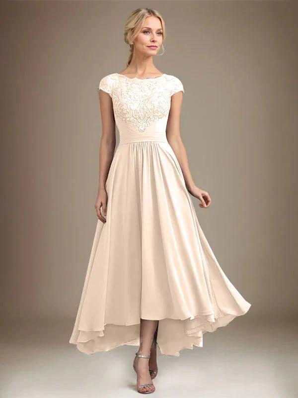 A-line Scoop Illusion Asymmetrical Lace Chiffon Mother of the Bride Dress With Pleated by Dreamylily