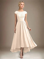 A-line Scoop Illusion Asymmetrical Lace Chiffon Mother of the Bride Dress With Pleated by Dreamylily