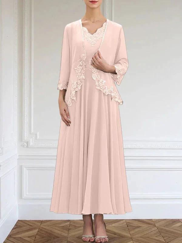 A-line V-Neck Ankle-Length Chiffon Mother of the Bride Dress With Sequins Appliques Lace Beading by Dreamylily