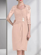 Sheath/Column Sweetheart Knee-Length Chiffon Mother of the Bride Dress With Beading Appliques Lace Sequins Pleated by Dreamylily