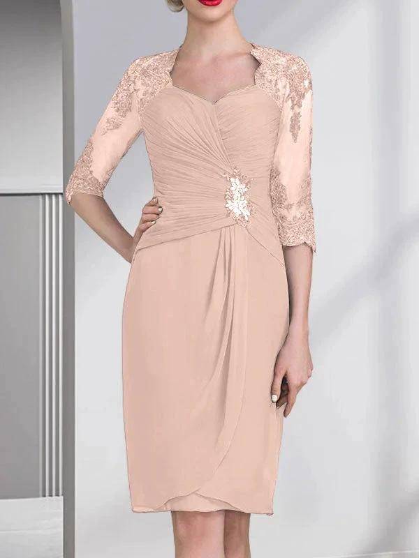 Sheath/Column Sweetheart Knee-Length Chiffon Mother of the Bride Dress With Beading Appliques Lace Sequins Pleated by Dreamylily