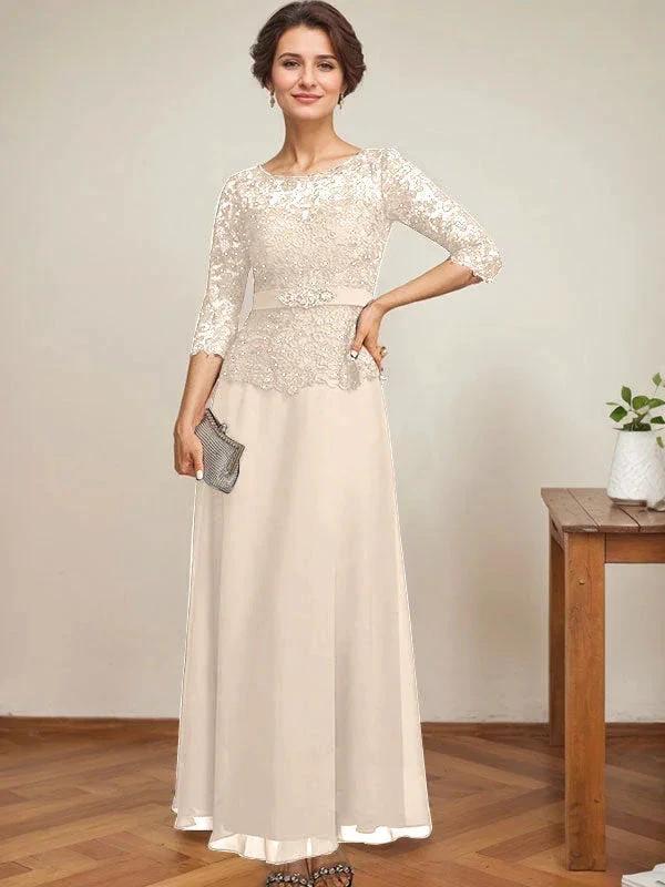 A-line Scoop Illusion Ankle-Length Chiffon Lace Mother of the Bride Dress With Rhinestone Beading by Dreamylily