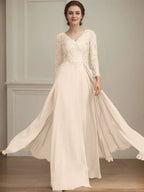 A-line V-Neck Floor-Length Lace Chiffon Mother of the Bride Dress With Sequins by Dreamylily