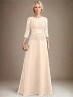 A-line Scoop Illusion Floor-Length Chiffon Lace Mother of the Bride Dress With Pleated Sequins Beading by Dreamylily