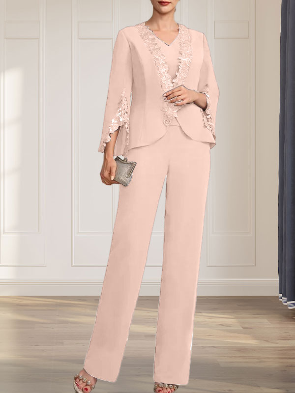 Separates Jumpsuit/Pantsuit V-Neck Floor-Length Chiffon Mother of the Bride Dress