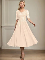 A-line V-Neck Tea-Length Lace Chiffon Mother of the Bride Dress With Sequins by Dreamylily