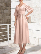 A-line V-Neck Tea-Length Lace Chiffon Mother of the Bride Dress With Pleated by Dreamylily