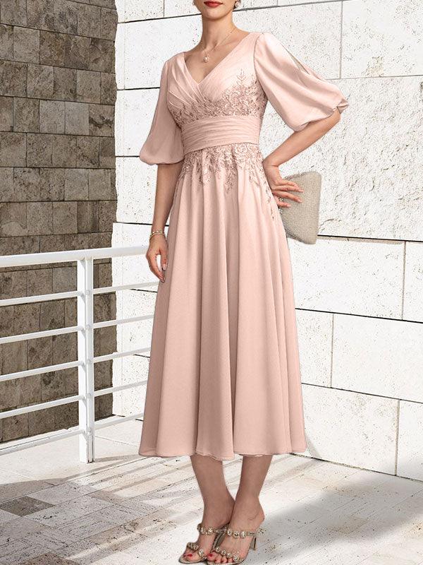 A-line V-Neck Tea-Length Lace Chiffon Mother of the Bride Dress With Pleated by Dreamylily