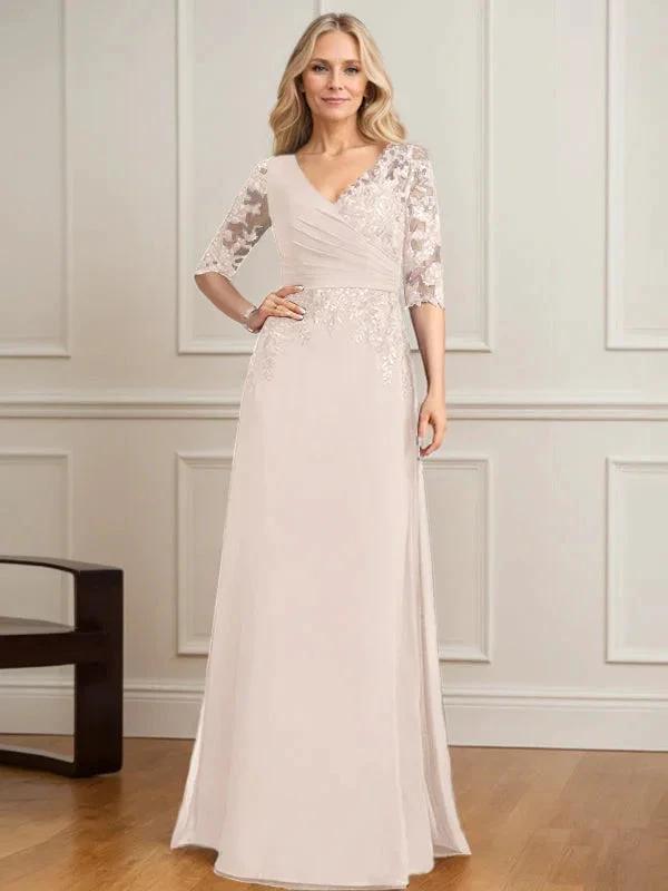 A-line V-Neck Floor-Length Lace Chiffon Mother of the Bride Dress With Pleated Sequins by Dreamylily