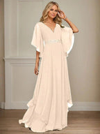A-line V-Neck Floor-Length Chiffon Mother of the Bride Dress With Sequins Appliques Lace Beading by Dreamylily