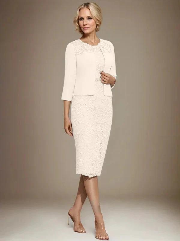 Sheath/Column Scoop Knee-Length Chiffon Lace Mother of the Bride Dress With Beading by Dreamylily