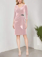 Short Velvet Sheath Dress with Surplice Neckline, Cascade Skirt and Embellishment Detail at Hip by Dreamylily