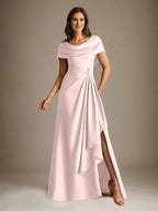 A-Line Scoop Floor-Length Stretch Satin Mother of the Bride Dress With Cascading Ruffles by Dreamylily
