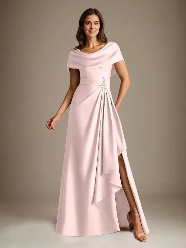 A-Line Scoop Floor-Length Stretch Satin Mother of the Bride Dress With Cascading Ruffles by Dreamylily
