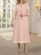 A-line Scoop Tea-Length Lace Chiffon Mother of the Bride Dress With Sequins by Dreamylily