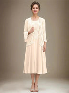 A-line Scoop Tea-Length Lace Chiffon Mother of the Bride Dress With Sequins by Dreamylily