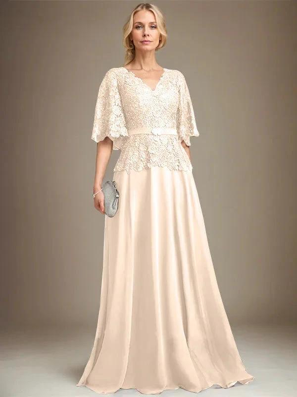 A-line V-Neck Floor-Length Chiffon Lace Mother of the Bride Dress With Crystal Brooch Rhinestone by Dreamylily