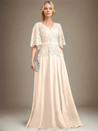 A-line V-Neck Floor-Length Chiffon Lace Mother of the Bride Dress With Crystal Brooch Rhinestone by Dreamylily