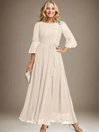 A-line Scoop Ankle-Length Lace Chiffon Mother of the Bride Dress With Bow by Dreamylily