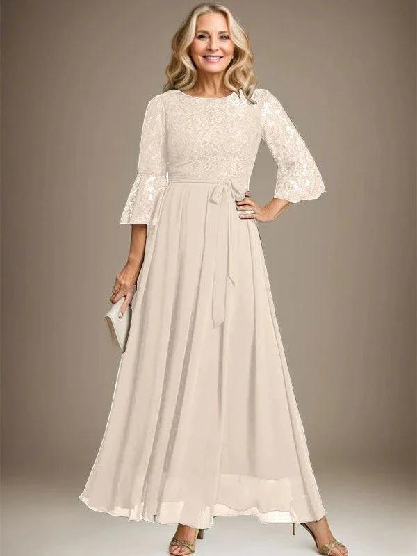 A-line Scoop Ankle-Length Lace Chiffon Mother of the Bride Dress With Bow by Dreamylily