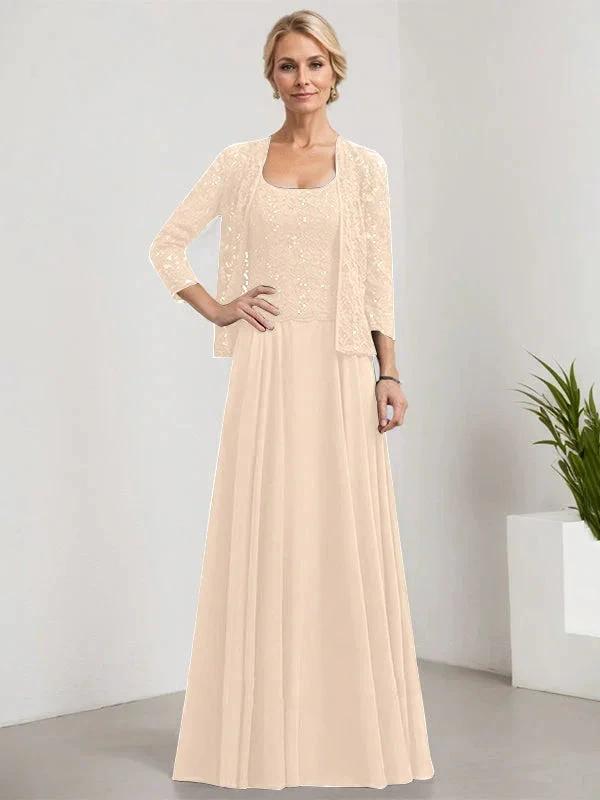 A-line Square Floor-Length Lace Chiffon Mother of the Bride Dress With Sequins by Dreamylily