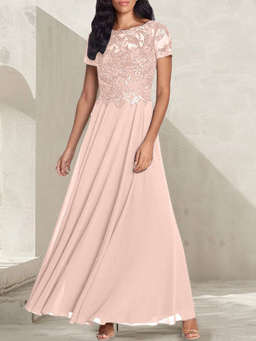 Vestido largo de madre de la novia con escote redondo, corte A, color gris carbón y cuentas