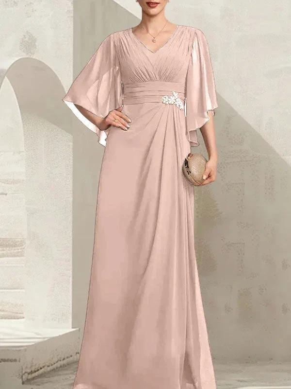 Sheath/Column V-Neck Floor-Length Chiffon Mother of the Bride Dress With Pleated Sequins Beading by Dreamylily