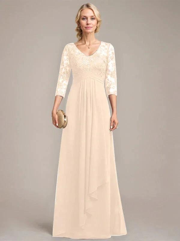 A-line V-Neck Floor-Length Lace Chiffon Mother of the Bride Dress With Cascading Ruffles Sequins by Dreamylily