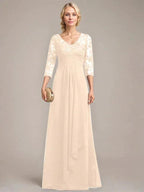 A-line V-Neck Floor-Length Lace Chiffon Mother of the Bride Dress With Cascading Ruffles Sequins by Dreamylily