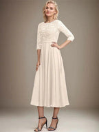 A-line Scoop Tea-Length Lace Chiffon Mother of the Bride Dress With Sequins by Dreamylily