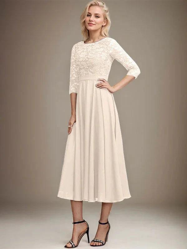 A-line Scoop Tea-Length Lace Chiffon Mother of the Bride Dress With Sequins by Dreamylily