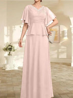 A-line V-Neck Floor-Length Chiffon Mother of the Bride Dress With Pleated Beading by Dreamylily