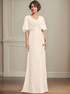 A-line V-Neck Floor-Length Chiffon Mother of the Bride Dress With Pleated Sequins Appliques Lace by Dreamylily