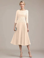 A-line Scoop Tea-Length Lace Chiffon Mother of the Bride Dress by Dreamylily
