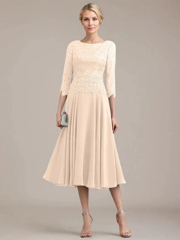 A-line Scoop Tea-Length Lace Chiffon Mother of the Bride Dress by Dreamylily