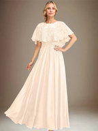 A-line Boat Neck Floor-Length Lace Chiffon Mother of the Bride Dress With Applique Sequins by Dreamylily