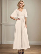 A-line V-Neck Ankle-Length Chiffon Mother of the Bride Dress With Pleated Beading Sequins by Dreamylily