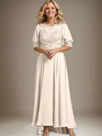 A-line Scoop Illusion Asymmetrical Chiffon Lace Mother of the Bride Dress With Beading by Dreamylily