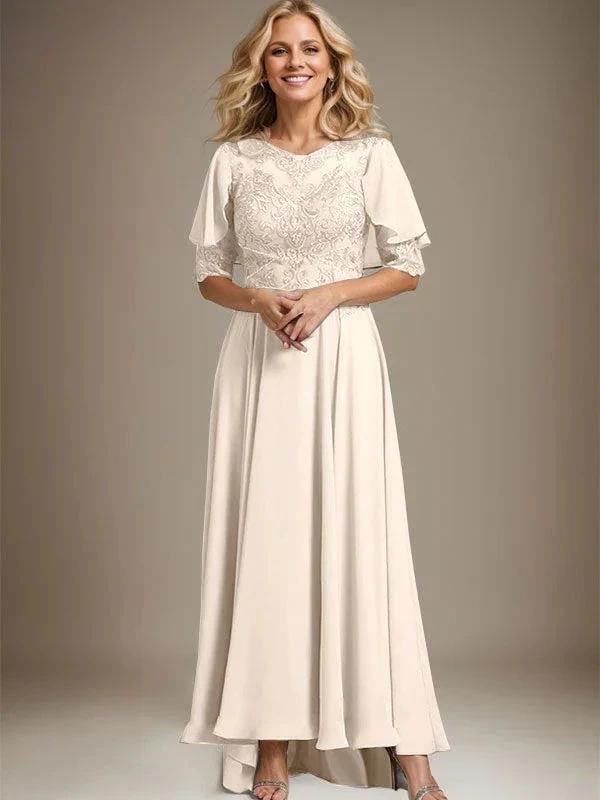 A-line Scoop Illusion Asymmetrical Chiffon Lace Mother of the Bride Dress With Beading by Dreamylily