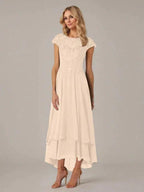 A-line Boat Neck Illusion Asymmetrical Chiffon Lace Mother of the Bride Dress With Applique Pleats by Dreamylily