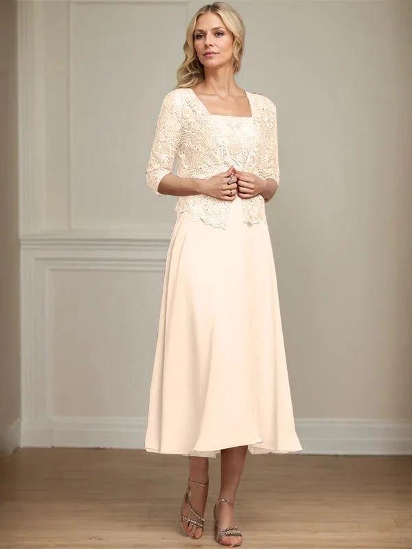 A-line Square Tea-Length Chiffon Lace Mother of the Bride Dress With Sequins Beading by Dreamylily